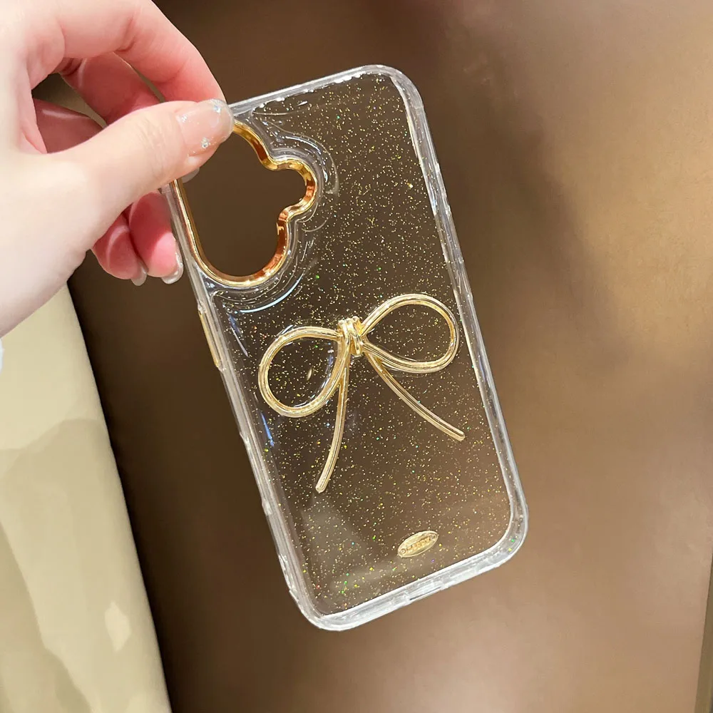 

Luxury Glitter Gold Bow Bumper Bling Clear Case for IPhone 16 15 14 13 Pro Max 15 Plus 16Pro Silicone Acrylic Shining Back Cover
