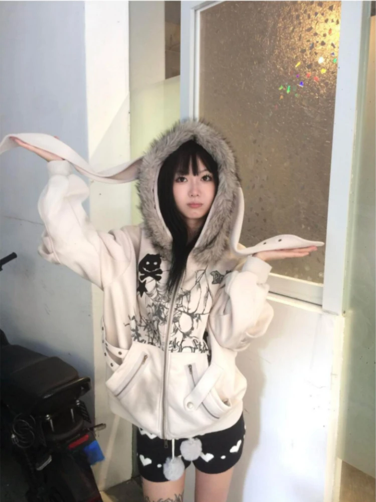 Kimutomo Women Hoodies Harajuku Rabbit Ears Cute Y2k Aesthetic Loose Printed Vintage Coats Streetwear Zipper Grunge Sweatshirts