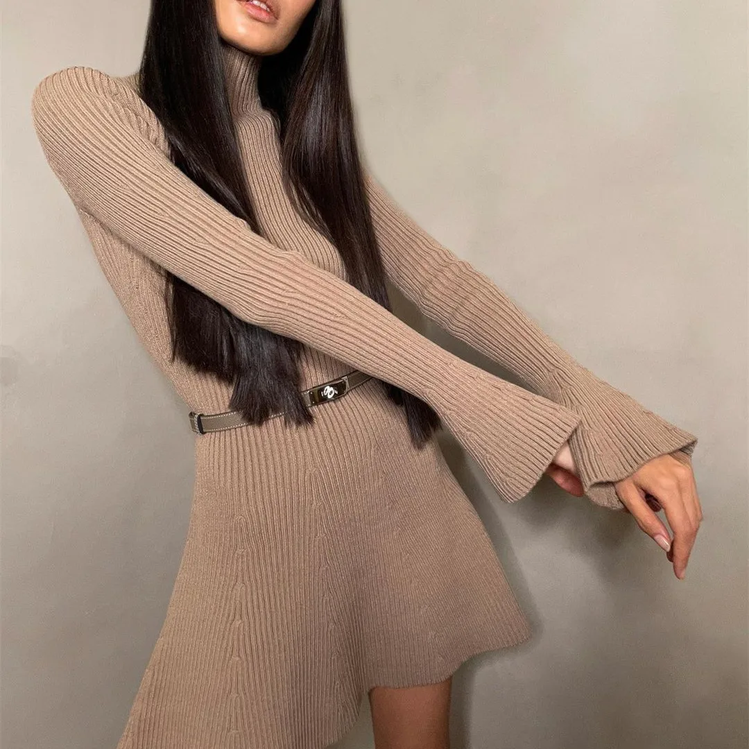 Gaono Vintage French Knit Dress Long Sleeve Ruffle Turtleneck Mini Dress Women Fall Winter Vestidos Fashion OL Lady Streetwear