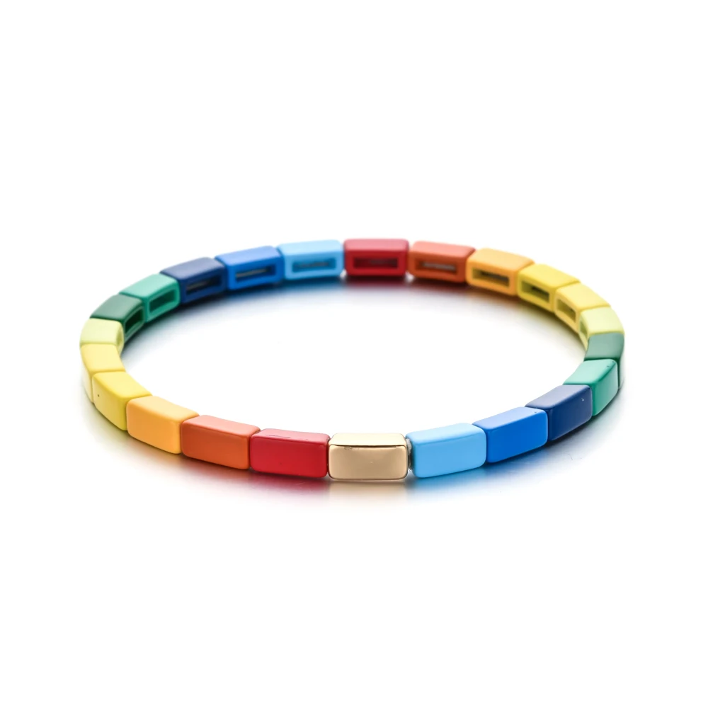New Fashions Bohemian Enamel Bracelet Rainbow Color Alloy Muti-Shape Beads Elastic Bangle for Women Jewelry Accessories
