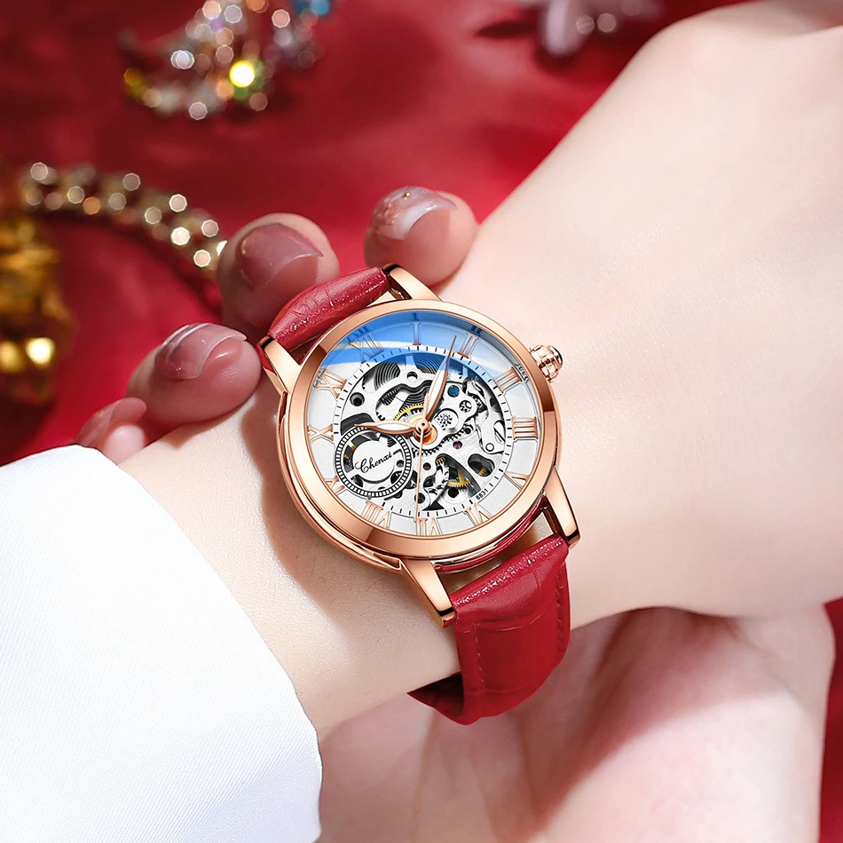 2024 New Women Automatic Mechanical Watches Diamond WristWatches Ladies Rose Gold Leather Watch Sport Waterproof Luminous Clock