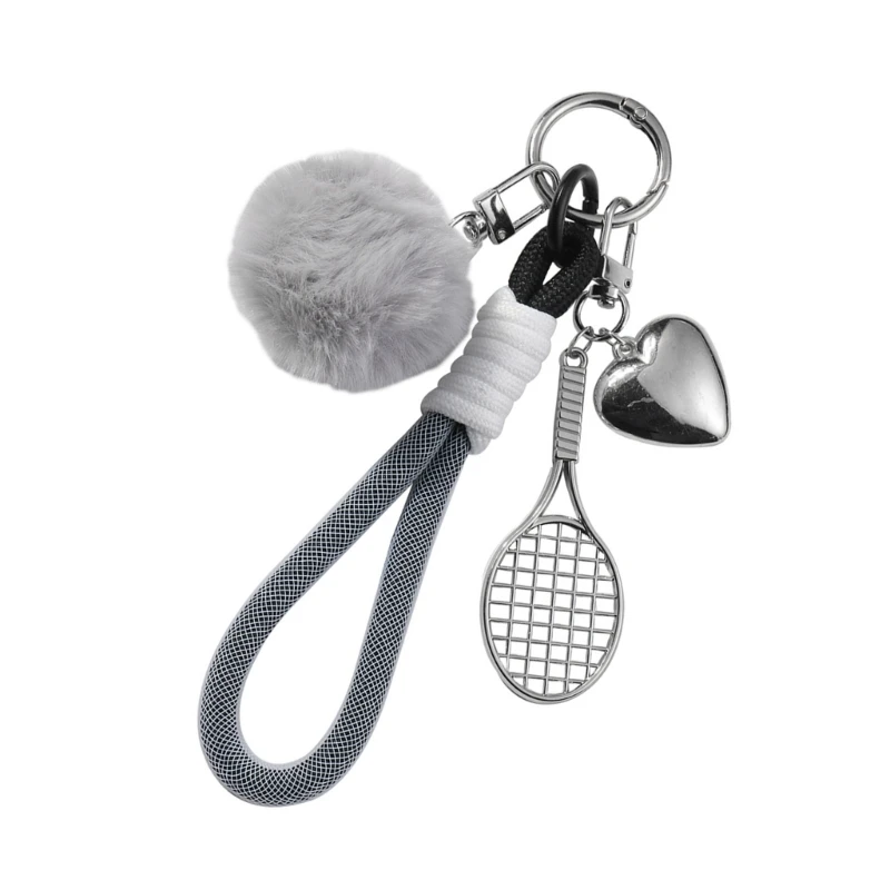 Eye Catching Heart Racket Bowknot Keychain Charm With Furry Sphere For Styles