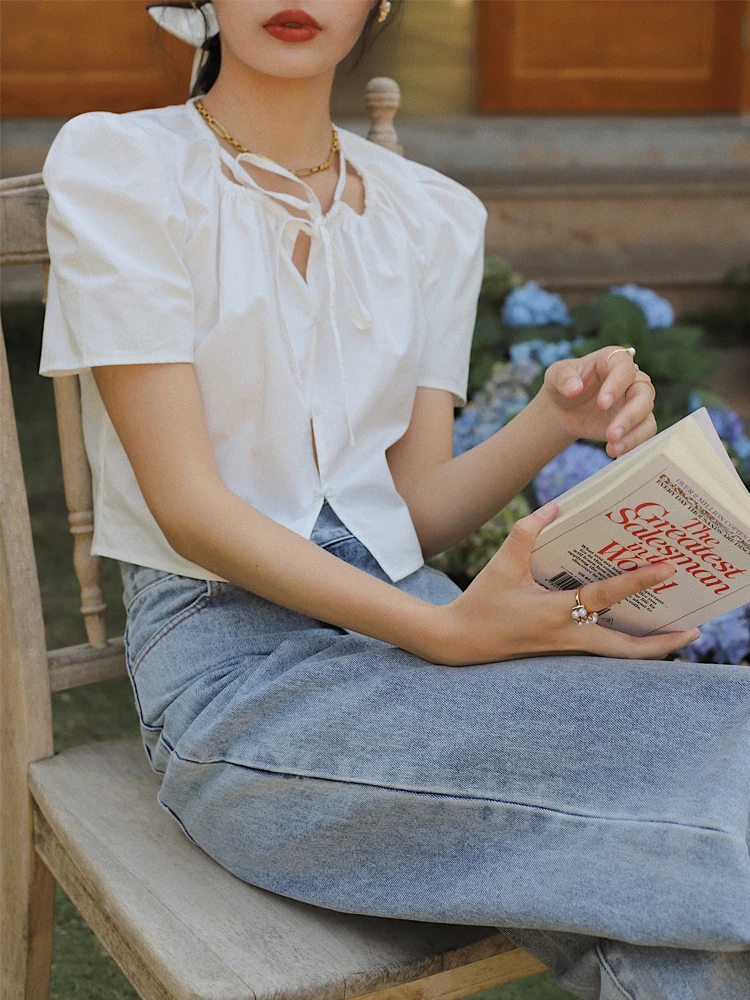 

Otherbela Design Hollow out Strap Pure Color Blogger Sle ort round Ne irt Top Cotton Commute Vintage Summer Loo...