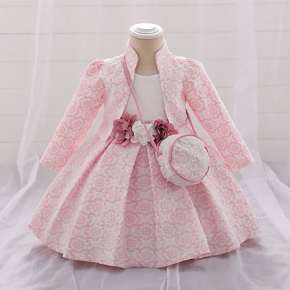 3PCS Baby Party Dresses For Girls Court Vintage Ceremony Birthday Party Ball Gown Toddler Kids Princess Vestidos With Bag Shawl