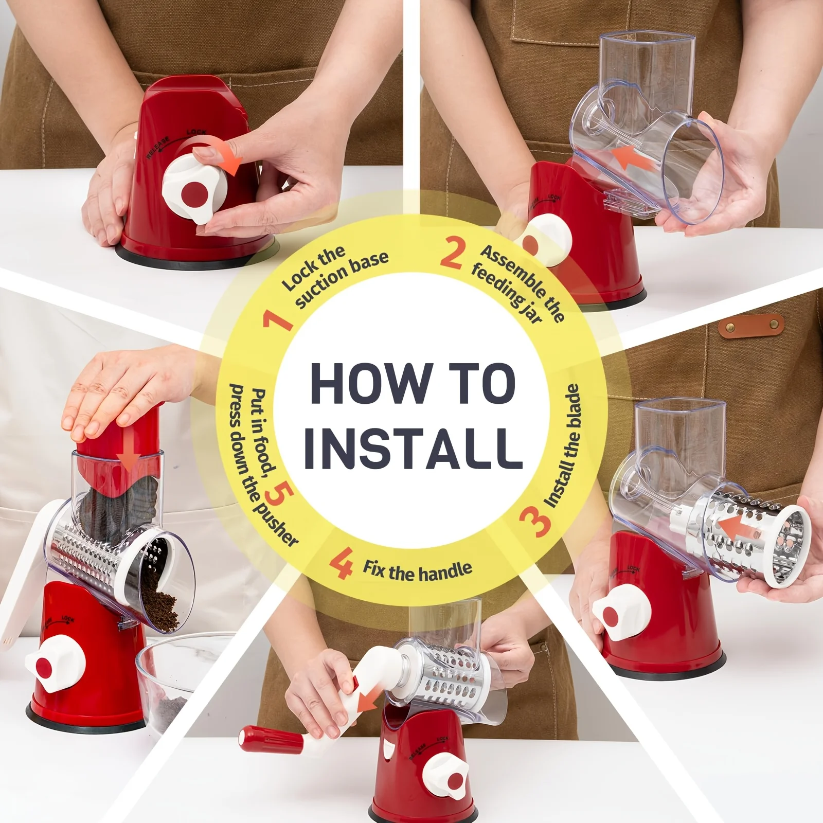 Râpe à fromage rotative 3 en 1, acier inoxydable avec 3 lames et base à forte aspiration, lave-vaisselle, pour légumes, noix