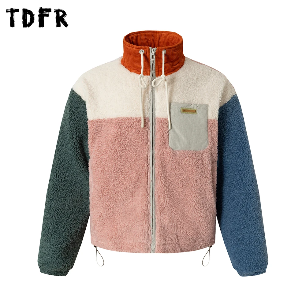 

Contrast Paneled Sherpa Quilted Jacket Mens Retro Casual Winter Loose Stand Collar Long Sleeve Drawstring Hem Thick Outerwear