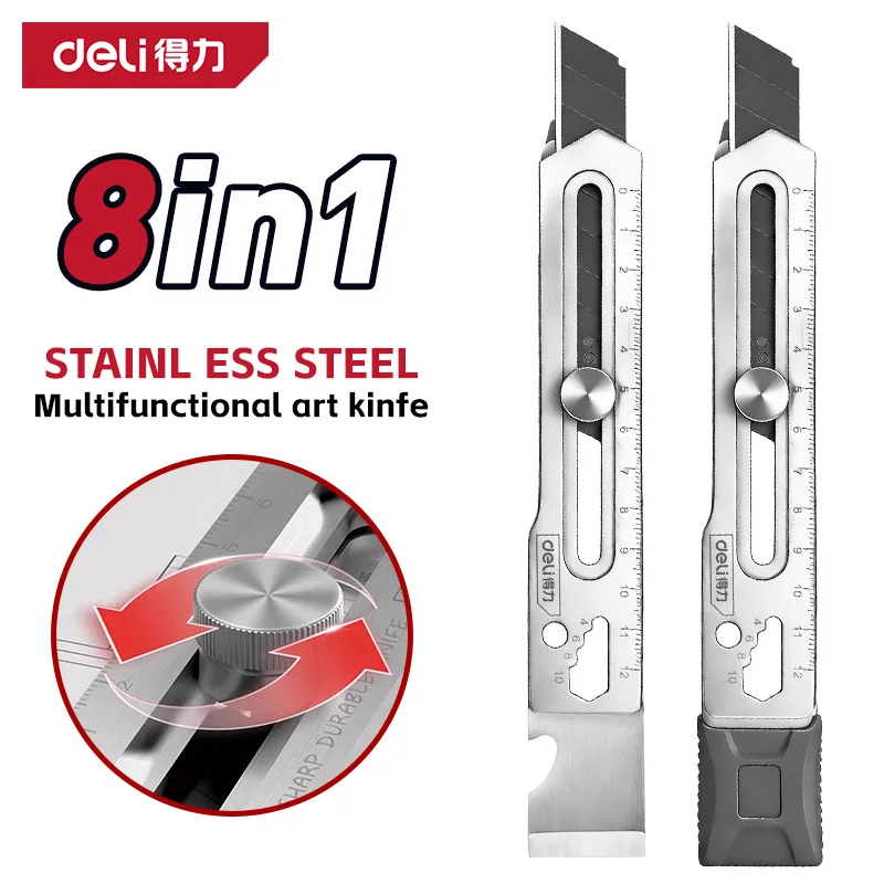 8-in-1 Stainless Steel Utility Knife for 18mm Blades, Multi-Tool with Cutter, Wrench, Opener, Scraper for DIY & Camping.