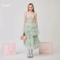 Qunque Elegant Mint Green Straps Prom Party Dress Customized Tiered Tulle Tea Length Vestido De Casamento Beach Evening Dress