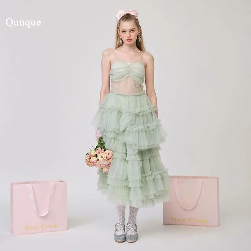 Qunque Elegant Mint Green Straps Prom Party Dress Women's 2024 Tiered Tulle Tea Length Vestido De Casamento Beach Evening Dress