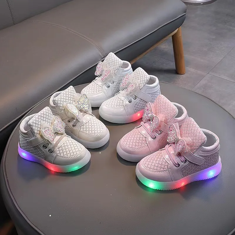 Korean Style Girls Light‑Up Princess Flats Shoes Bow Shiny Glowing Fashion Casual Shoes for Kids