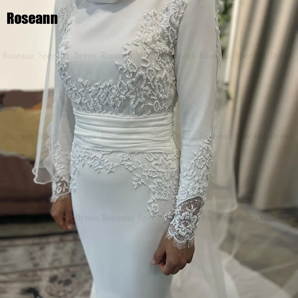Muslim 2024 New High Collar Mermaid Wedding Dresses Belt Full Applique Lace Brush Train Bride Gown Floor Length robe de mariée