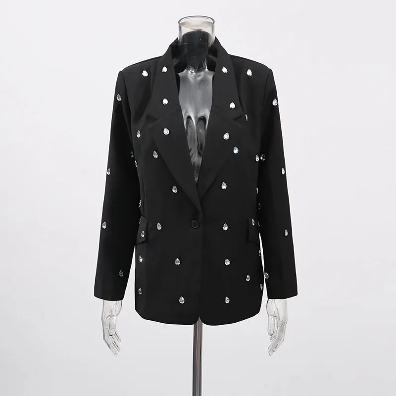 Black Single-breasted Women's Blazers Diamonds Collage Loose Jackets Office Lady Lapel Long Sleeves Suit Coats 2025 Autumn New