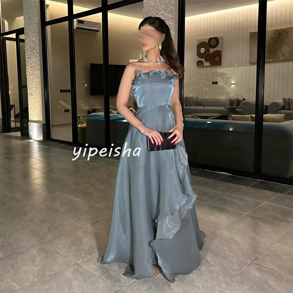 Customized Elegant Modern Style Satin Pleat Ruched A-line Strapless Long Dresses Cocktail Dresses Matching Fashion Casual Classi