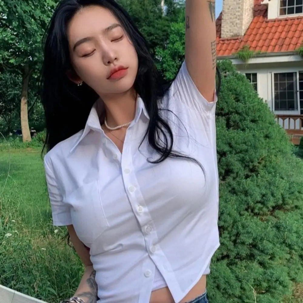 

All Match V-neck Short Sleeve Shirts with Pocket Button Up Slim Blouse Women Y2K Streetwear Sweet Girls Shirts Female