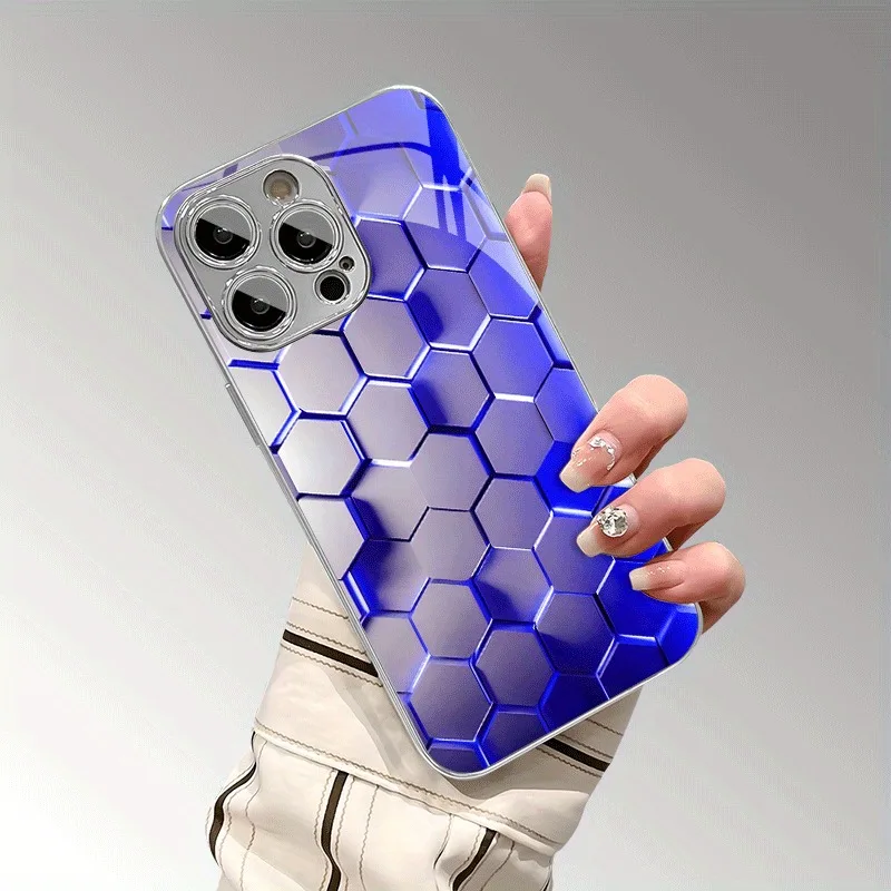 

Blue Light Neon Honeycomb Phone Case for iPhone 17 16e 16 15 14 13 12 Mini 11 Pro XS Max XR X 8 7 Air Plus Tempered Glass Cover