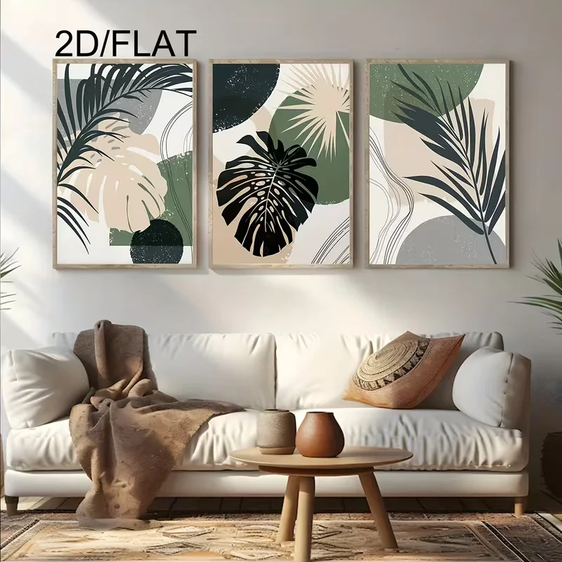 2D Flat, 2D/FLAT 3pcs Frameless Plant Wall Prints, Bohemian Dark Green, Beige, Gray, Black Wall Art, Nordic Minimalist Wall deco