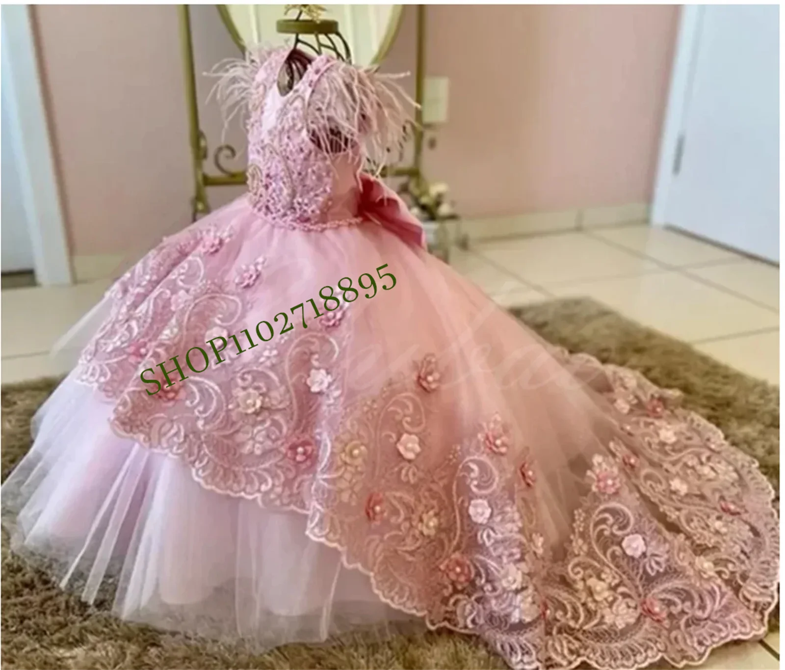 

Flower Girls Dresses Tulle Princess Wedding Pageant Ball Gown with Bow-Knot First Communion Dress