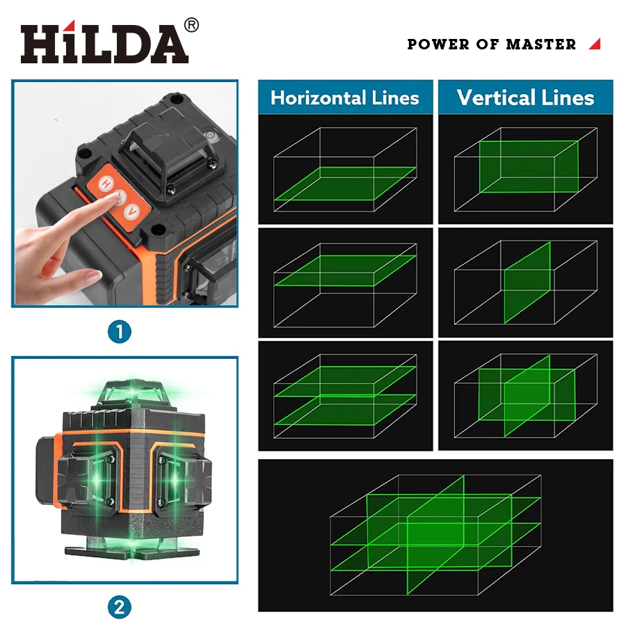 HILDA 4D Laser Level Green 12/16 Lines  Self-Leveling 360 Horizontal And Vertical Super Powerful Laser level