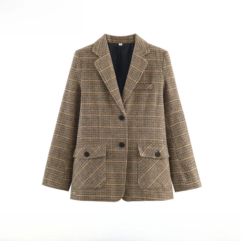 

New Autumn Winter Plaid Suit Jaet Women's Faion Simple ZR Sle Long Sve Commute Polyester Fiber Bird's Eye Pattern