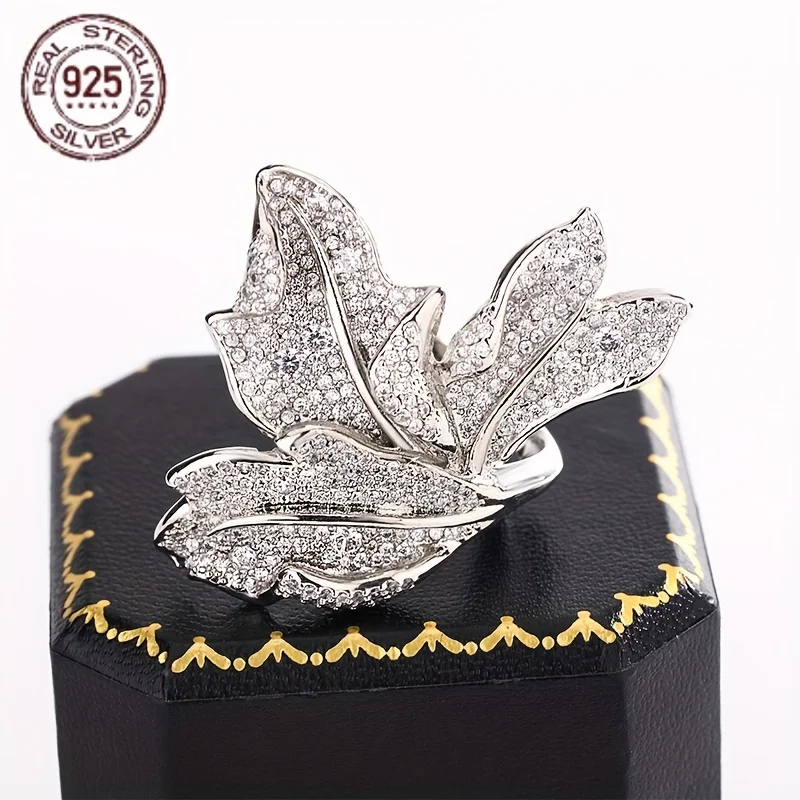 

Модное красивое белое циркониевое серебро 925 пробы с листьями, регулируемое кольцо с большим цветком, элегантный женский подарок на день Святого Валентина, ювелирные изделия