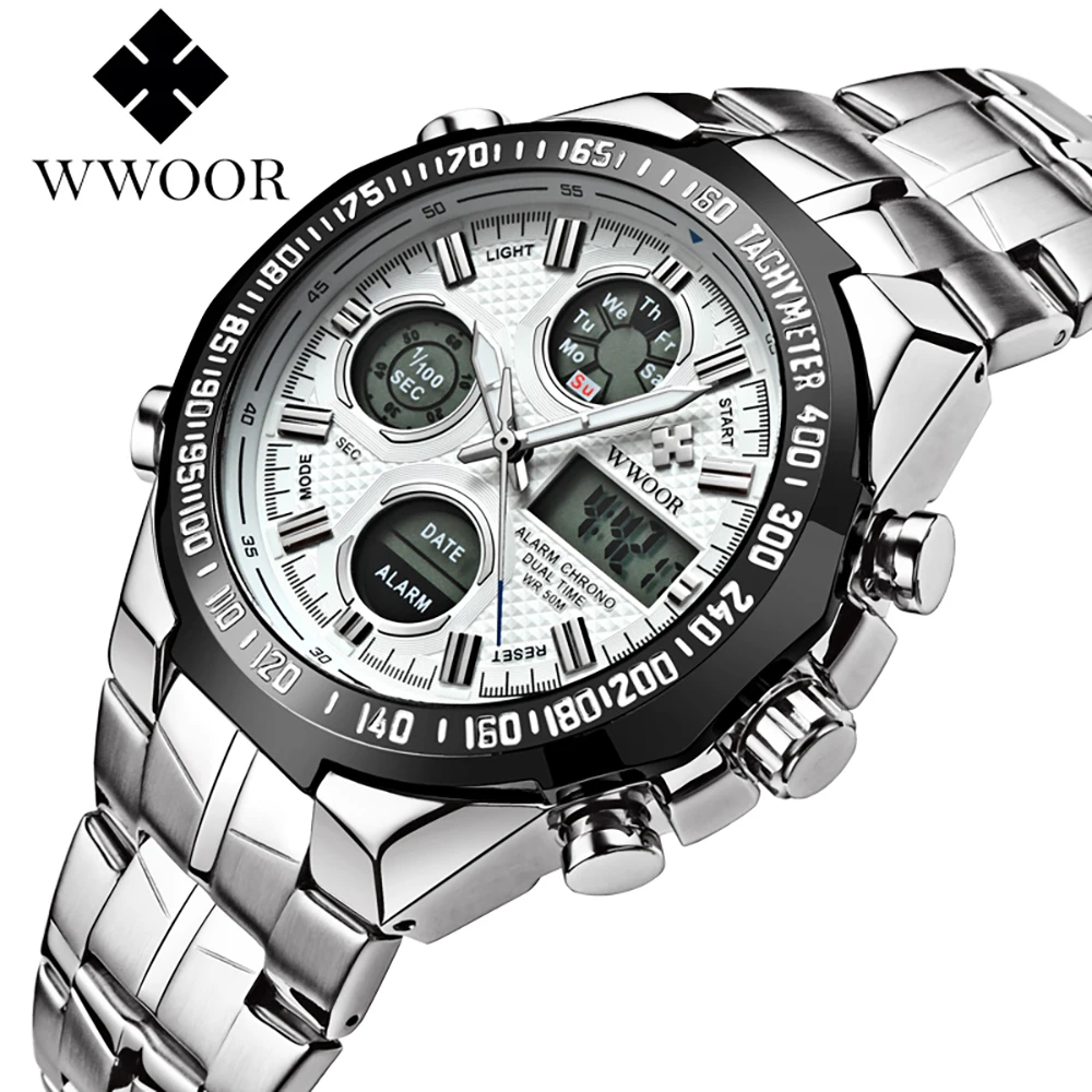 WWOOR Men Sports Watch Digital Quartz Dual Display Wristwatch Waterproof Luminous Clock Luxury Male Big Watch Relogio Masculino