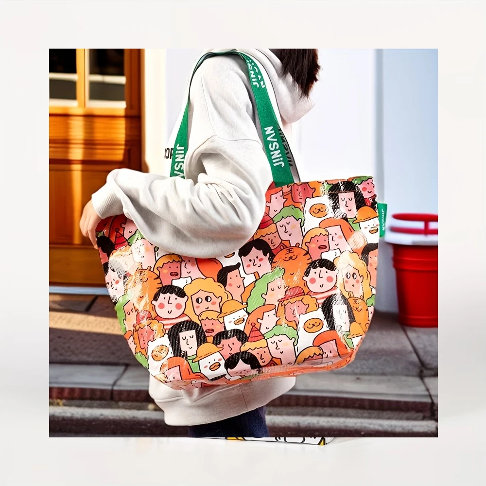 Large Cartoon-Themed Shopping Bag—Made of Thick Pp Material, with Shoulder Strap, Suitable for Grocery Shopping and Travel—Fun Design, Holiday Gift Bag—Home Storage