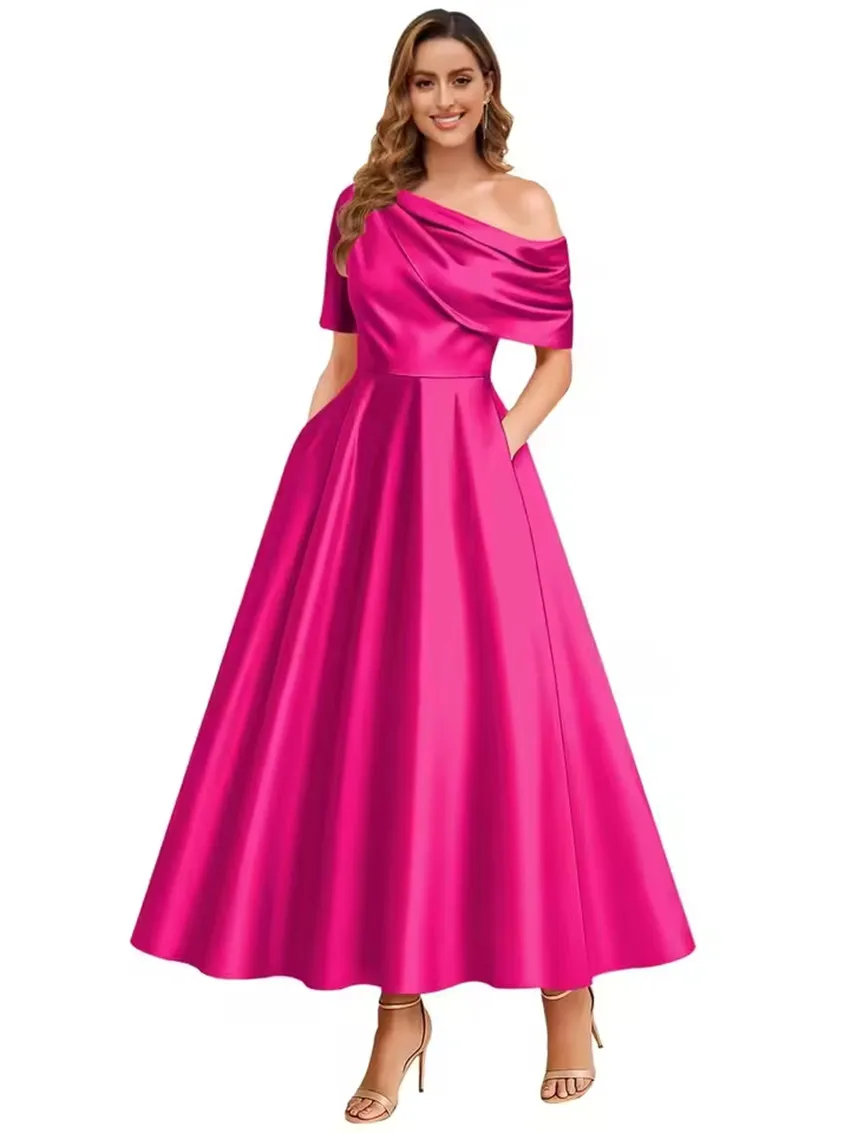 Satin A-line Tea Length  Formal Evening Dress One Shoulder Party Prom Gowns Elegant Mother of the Bride Groom Dress Customized