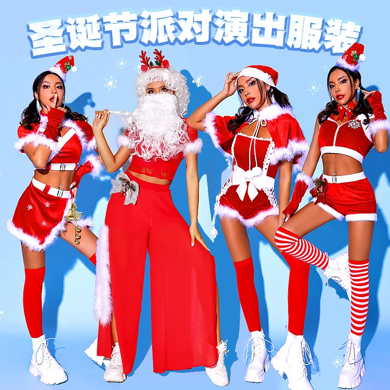 

Christmas Gogo Dancer Stage Costume Santa Claus Dress Up Party Nightclub Show Festival Rave Outfit Cosplay Wig Beard Accessories