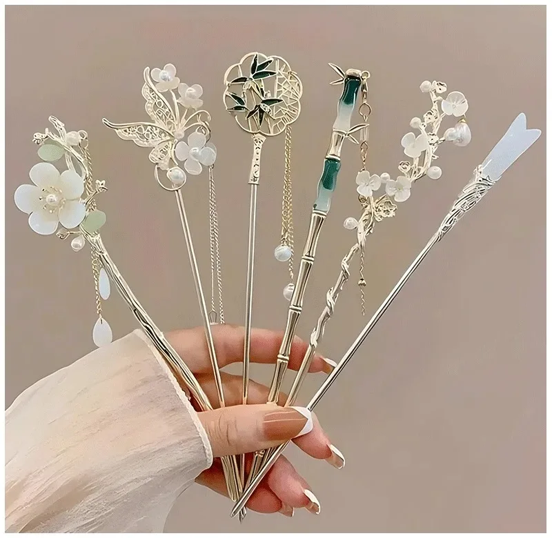 

6 pcs Chinese Style Hair Clip Tassel Hair Stick Traditional Elegant Floral Design Hairstyle Accessory Women Jewelry Hairpin