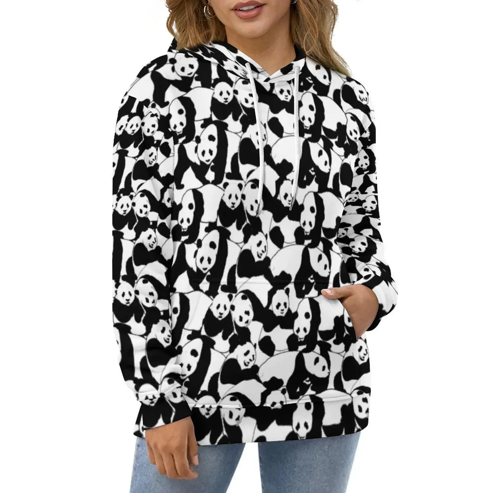 Chinese Panda Casual Hoodies Black And White Y2k Pullover Hoodie Female Long-Sleeve Harajuku Graphic Loose Oversized Clothing