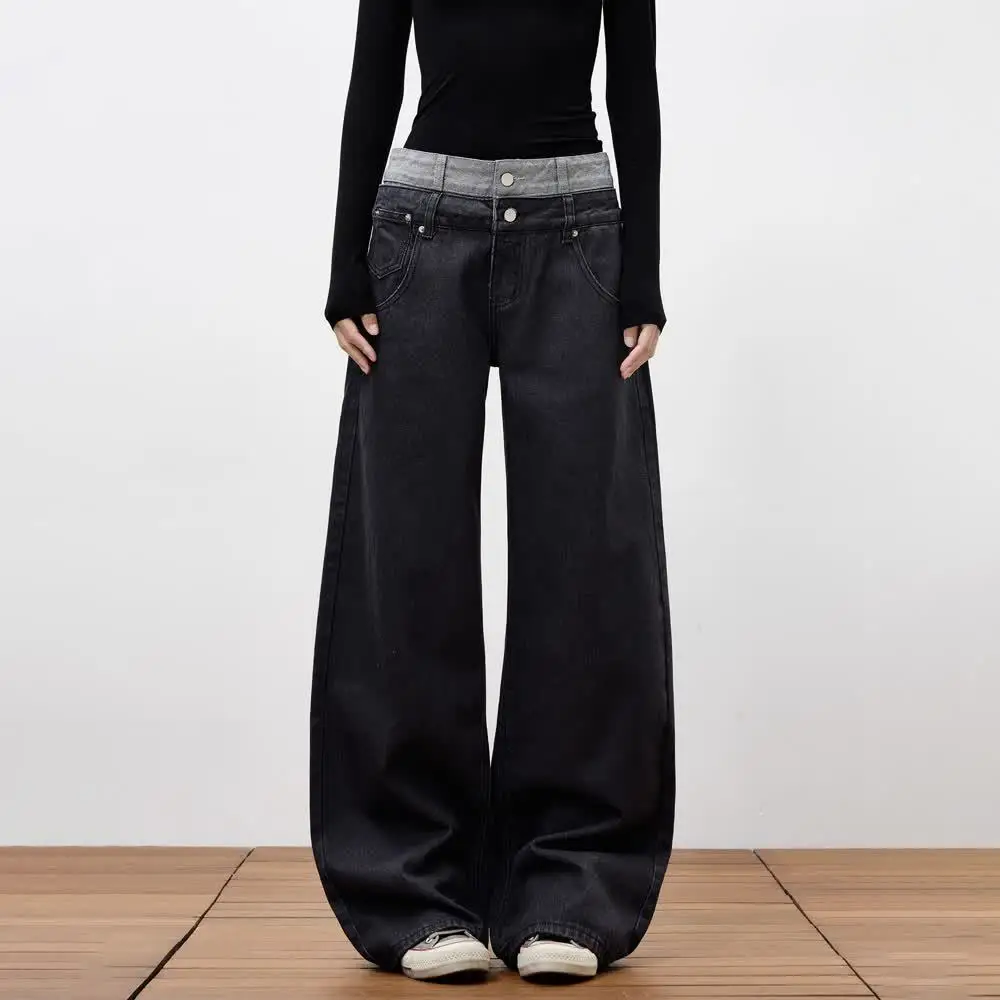 Jeans Splicing Double Waistbands Niche High-end Drapey All-matching Loose Casual Cool Personality Man Straight-leg