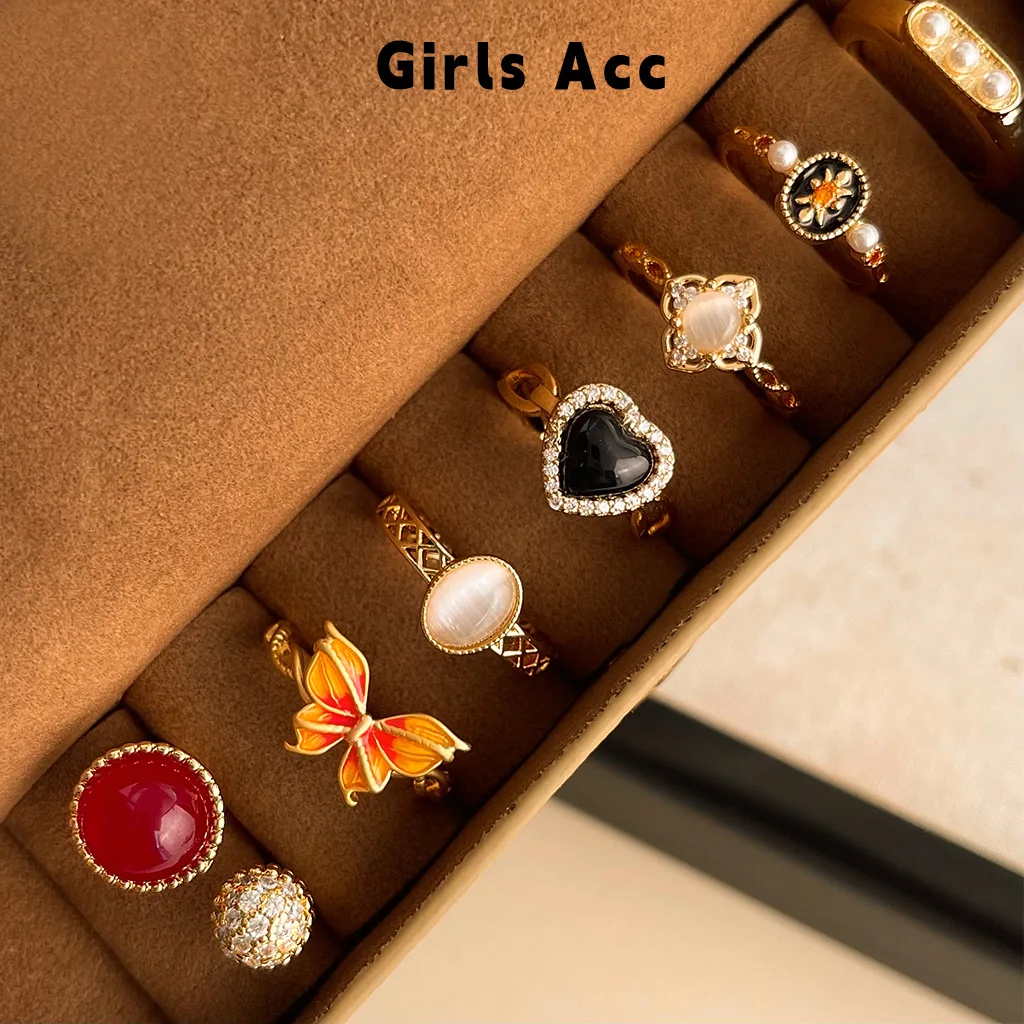 Retro Enamel Irregular Gold Color Open Rings for Women New Trendy Double Deck Checkerboard Grid Rings French Fashion Jewelry
