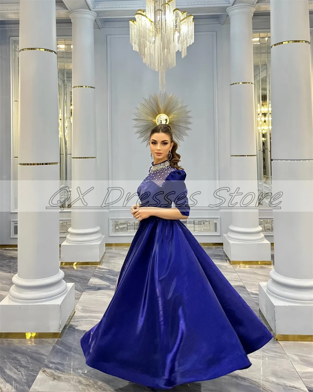 Customized Exquisite Party Dress Patchwork Half High Ankle-Length Prom Gown Muslim Clothing Evening Dresses فساتين للحفلات الراق