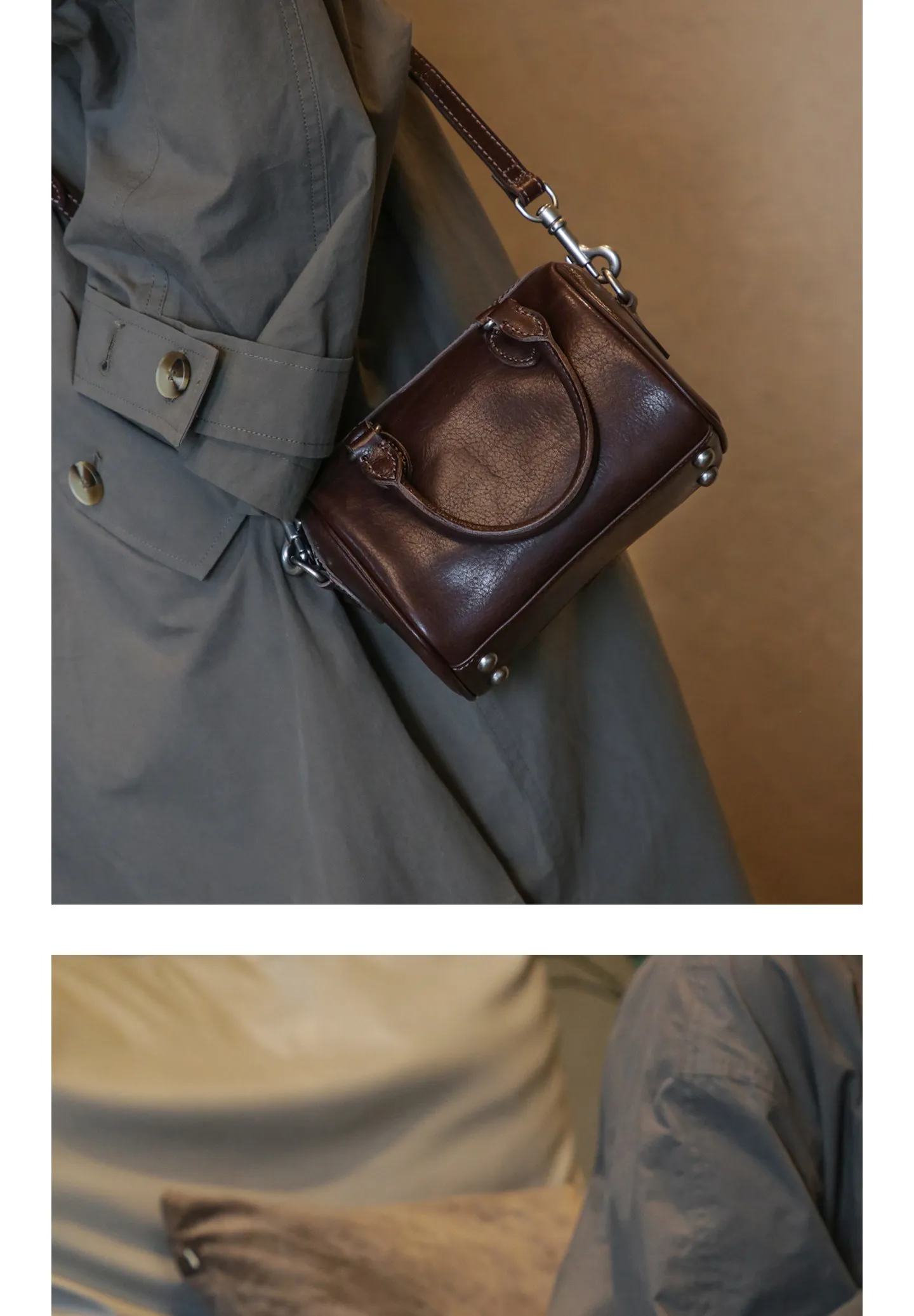 PNDME schlichte Vintage-Handtasche aus hochwertigem Rindsleder für Damen, lässige Party-Luxus-Umhängetasche aus echtem Leder. – Detail 10