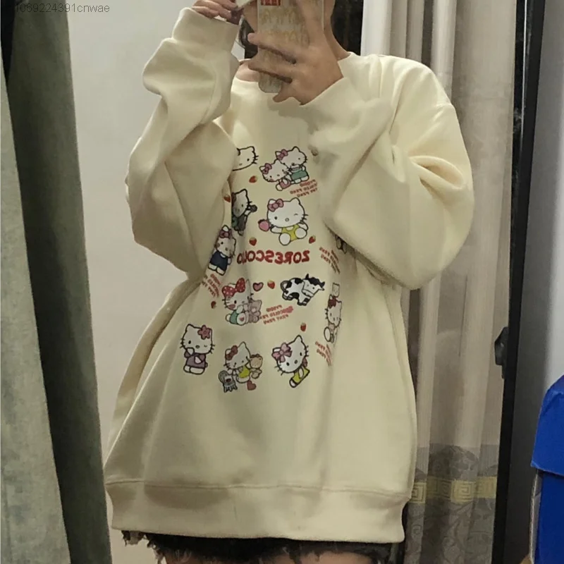 Sanrio Hello Kitty Cute Cartoon Long Sleeve Sweater For Female Students Fashion Round Neck Hoodie Kawaii Harajuku Streetwear Y2k