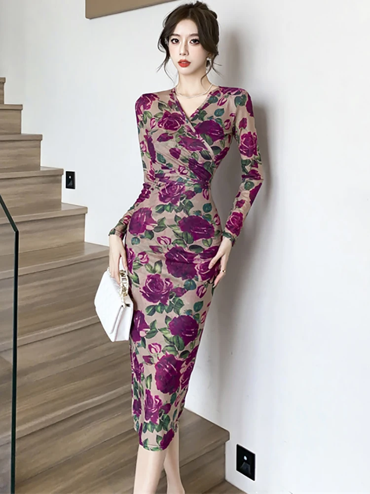 

Весенне-осеннее длинное платье с цветочным принтом и v-образным вырезом с длинным рукавом, модное элегантное платье для женщин, 2025 г., корейское облегающее цельное платье для выпускного вечера