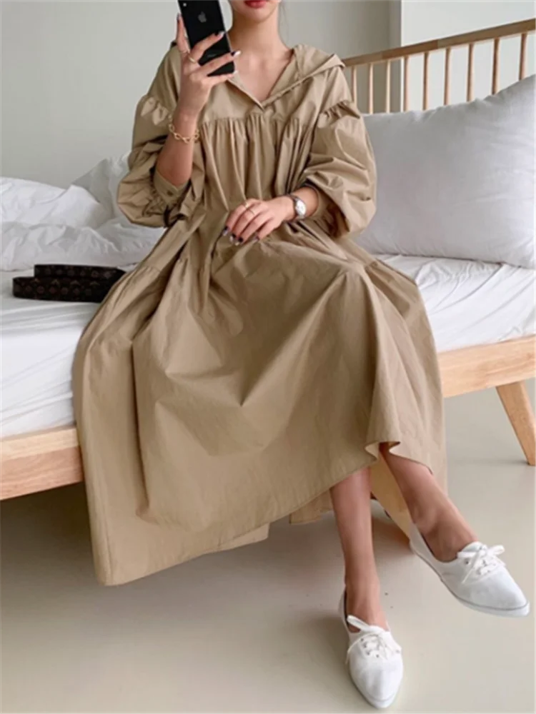 REALEFT 2023 New Hooded Oversize Women's Shirts Dresses Puff Sleeve Solid Casual Loose Straight Long Dress Female Spring Autumn