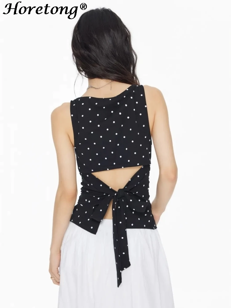 2026 Summer Women Retro Polka Dot Boat Neck Sleeveless Tops Ruched Waist Open Back Bow Tie Slim Fit Casual Sexy Cropped Tank Top