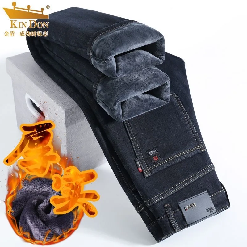 Tendenza moda invernale tinta unita con jeans caldi morbidi e spessi per jeans sportivi larghi casual da uomo a gamba dritta di alta qualità