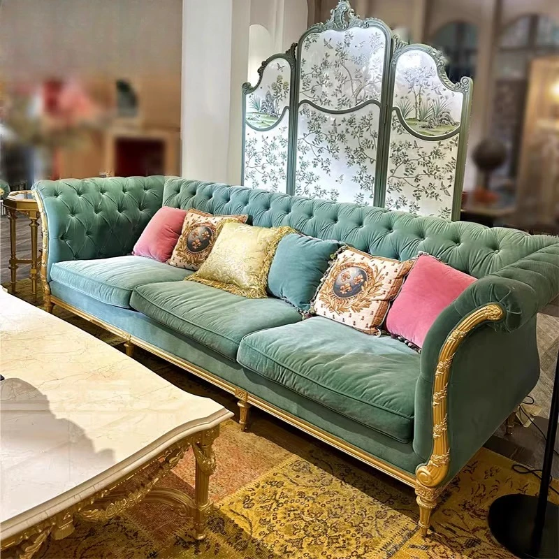 Court style real wood carving flower retro pull button petal sofa solid wood
