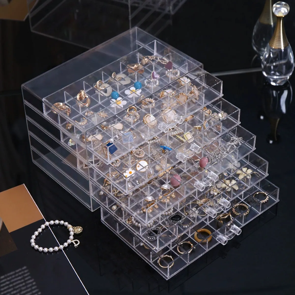 1pc Jewelry Drawer Storage Box, Transparent Display Box, Earring, Ring, Necklace Organizing Container with Compartments