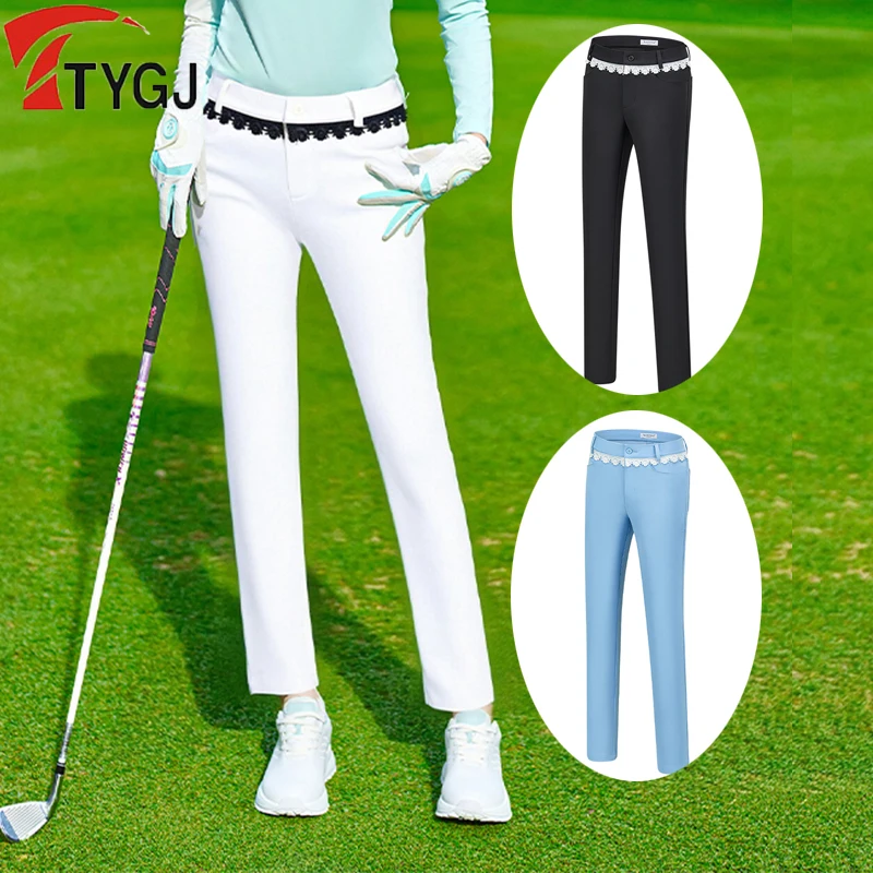 

Ttygj осенне-зимние брюки для гольфа с высокой талией для женщин, тонкие эластичные спортивные брюки, женские повседневные брюки для гольфа с кружевом и рюшами XS-XL
