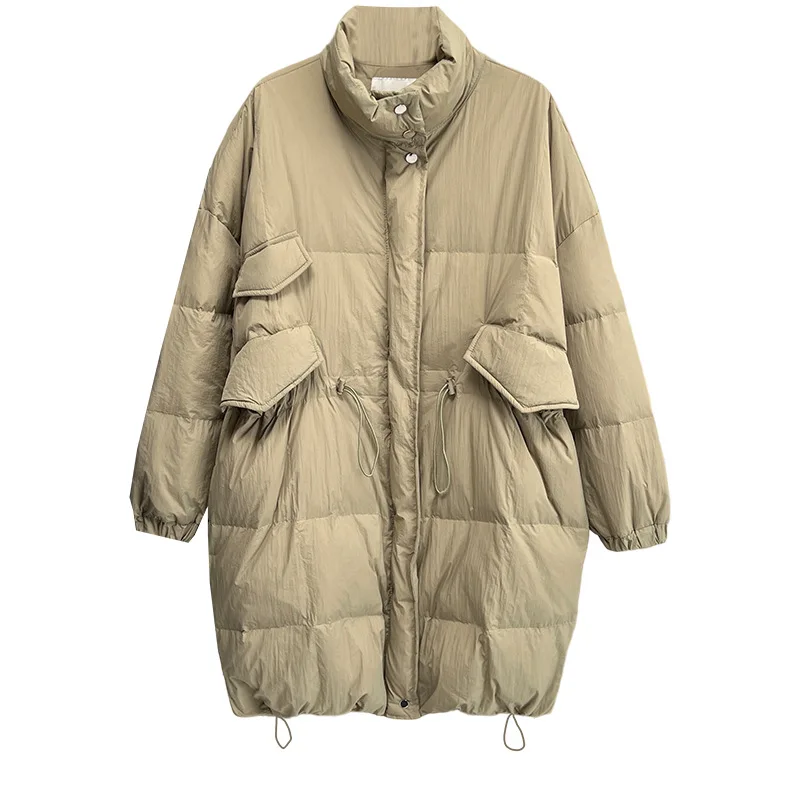 

Женское пуховое пальто больших размеров, зимняя мода, свободный воротник-стойка, шнурок на талии, длинная куртка на 90% белом пуху 2778