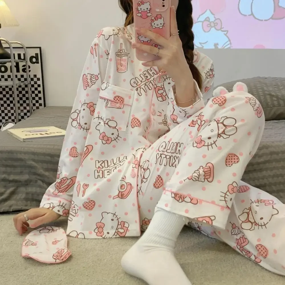 Kawaii 2Pcs Hello Kitty Pajamas Suit Cartoon Sanrioed Anime Women Spring Autumn Tops Pants Cute Loungewear Homewear Sweet Girls