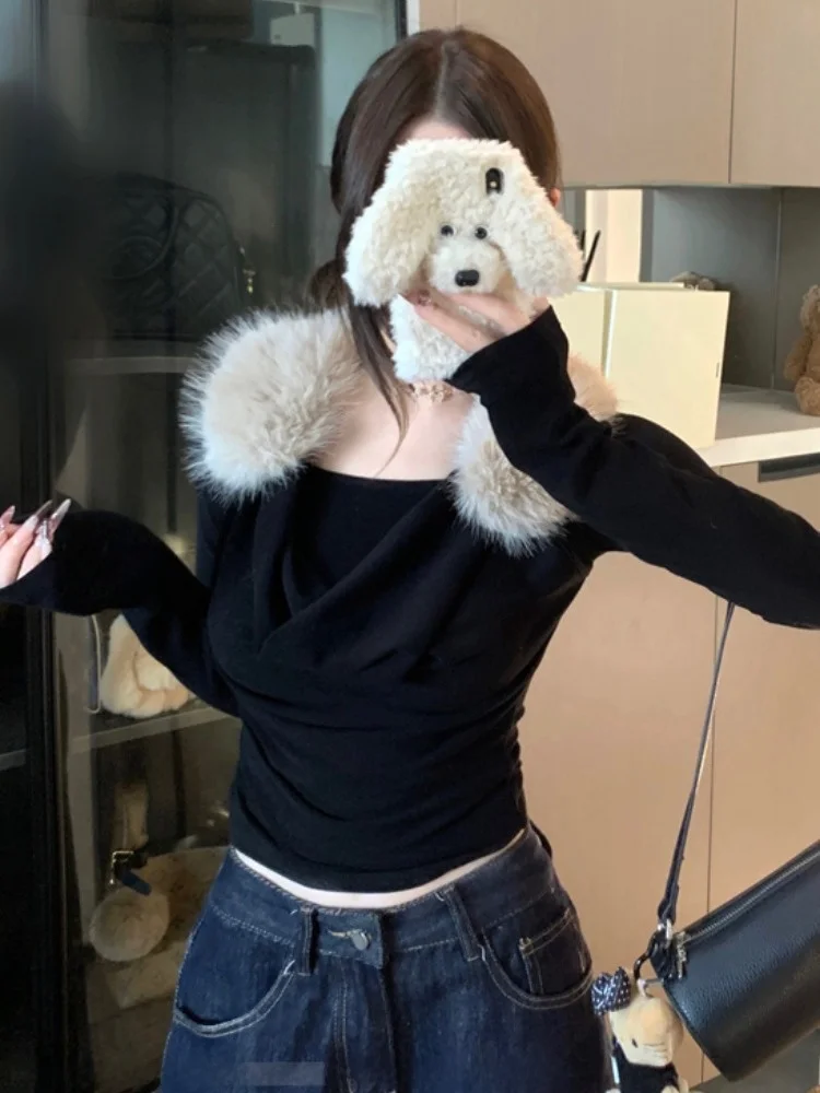 

Loose Feeling Autumn Winter New Style Women's Long Sleeve T-shirt SlimmingWaist Effect Faux Two-Piece with Fur Collar