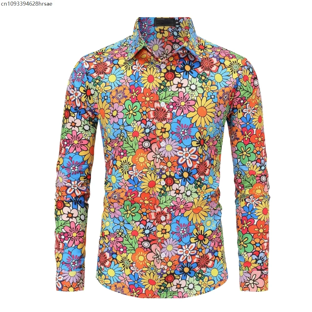 

Mens Print Long Sleeve Shirt 70s Ethnic Disco Hip Hop Casual Men Shirt Social Button Down Paisley Floral Vintage Shirt