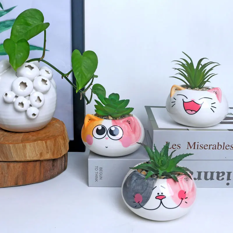 

Cute Cat Round Face Modeling Ceramic Succulent Flower Pot Indoor Garden Decoration