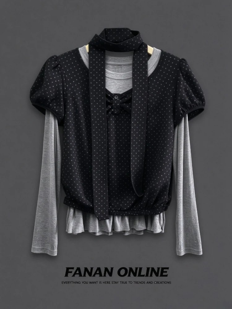 Japanese Retro Polka Dot Long Sleeve Two Piece Women Y2K Blouse Korean Casual Daily Outfit Spliced Slim Fit Pullover Clothes