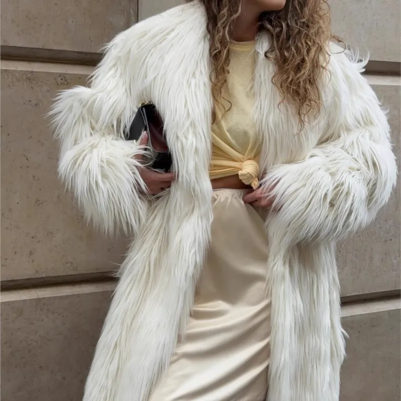 2025 خمر لينة طويلة الشعر فو الفراء بدوره إلى أسفل التلبيب الستر معطف الخريف الشتاء رشاقته الدافئة الفراء رقيق الأبيض سترات طويلة القمم