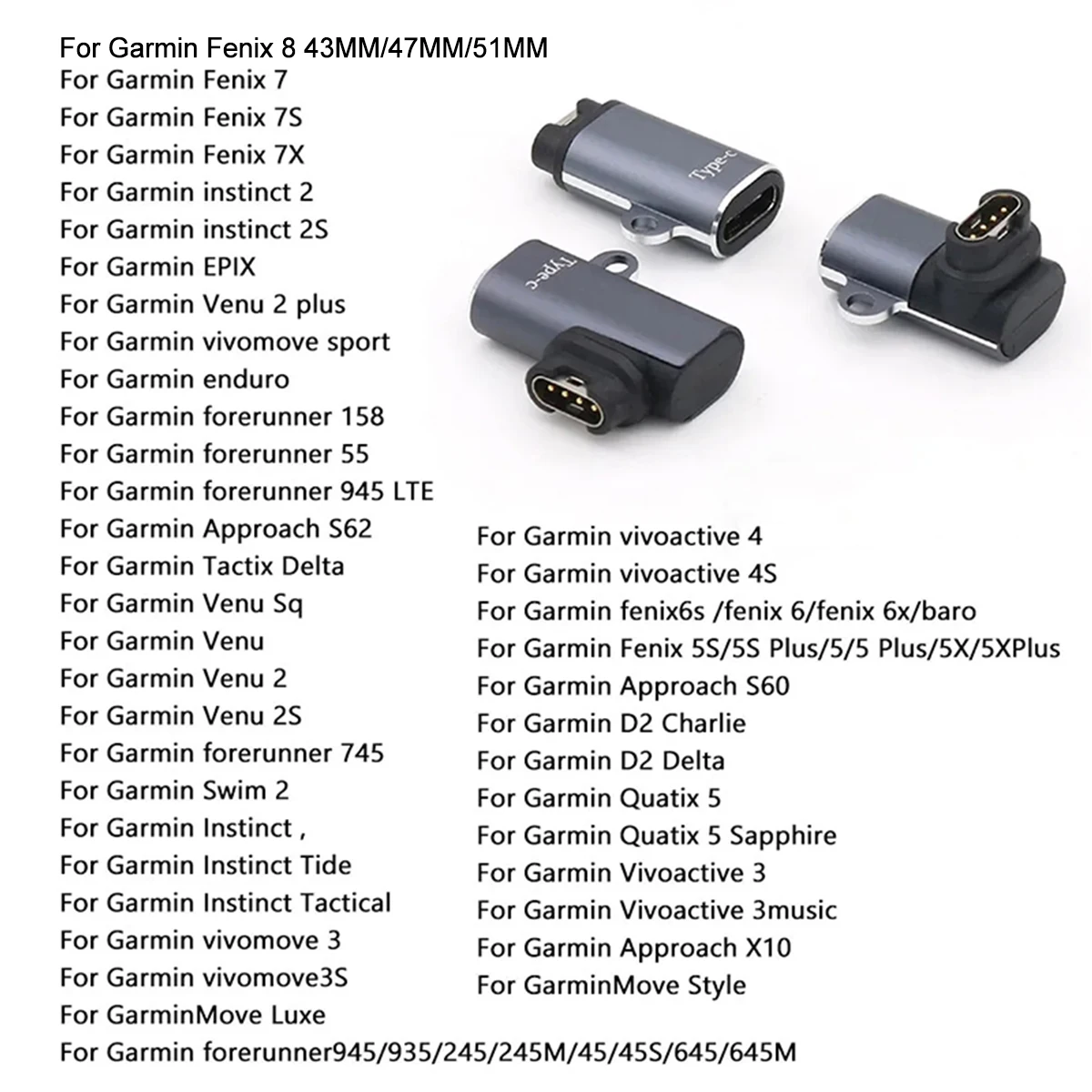 Type C/Micro USB/iOS Charging Adapter For Garmin Fenix 8 7 7X 6 6S 5 5S 5X Venu 2 S Vivoactive 3 4 Marq2 Watch Charger Converter